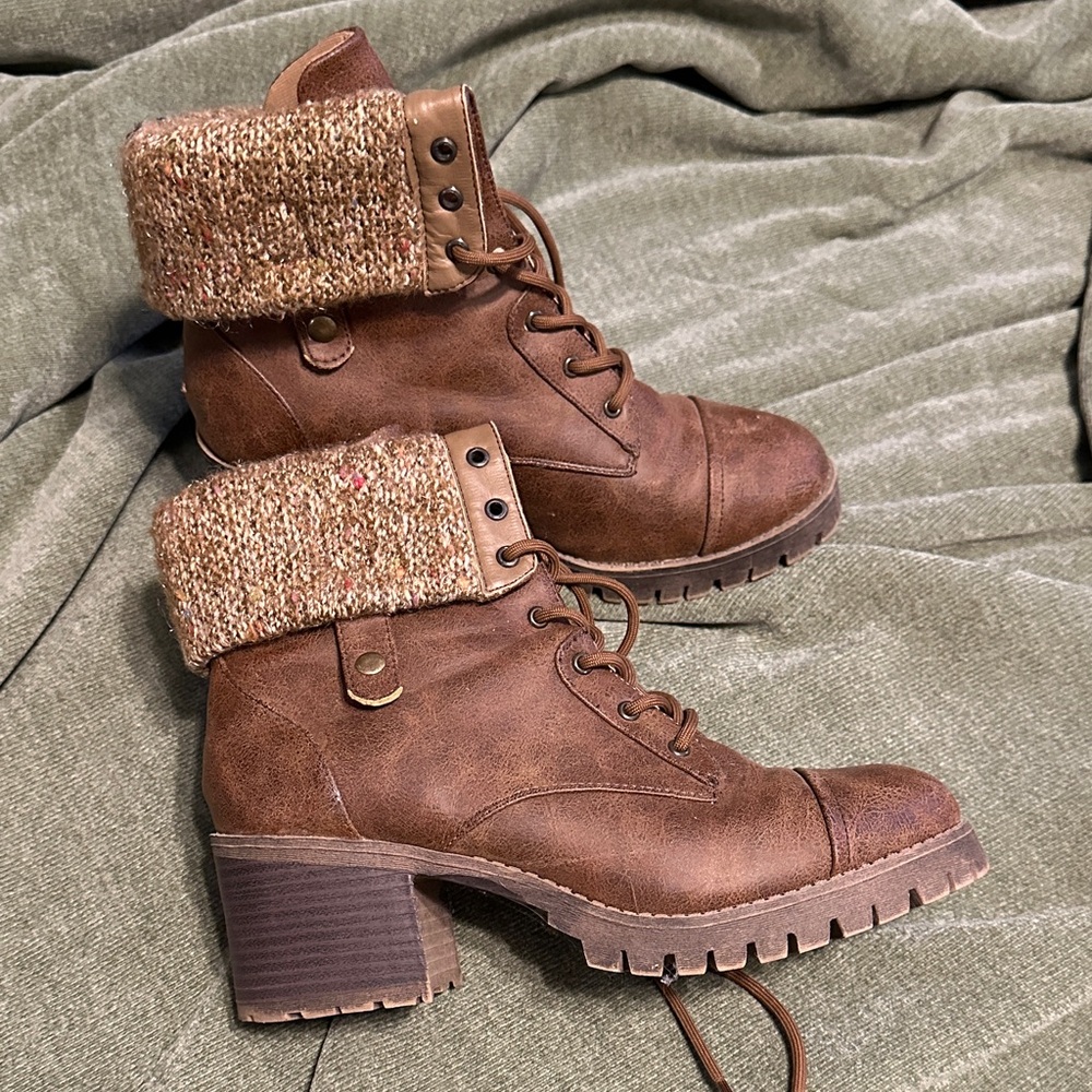 BAMBOO Brown Ankle Boots with Knit Detail